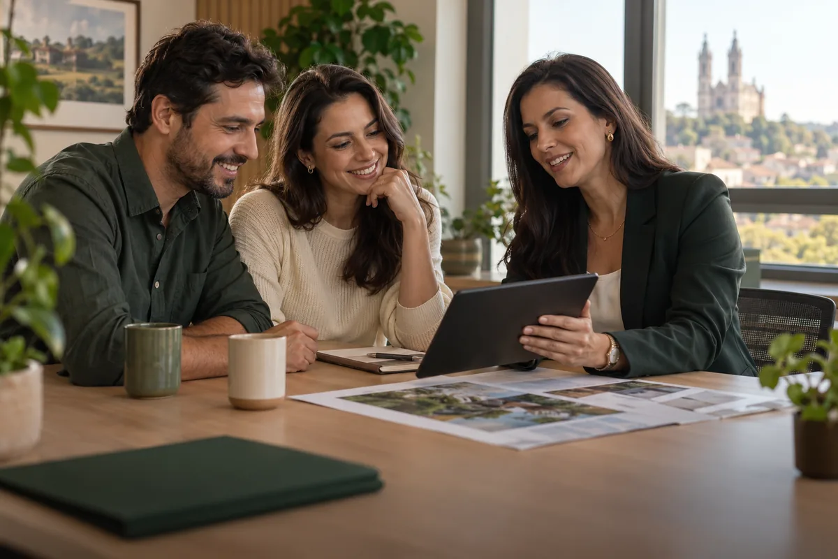 Casal analisando uma simulação de financiamento com a consultora